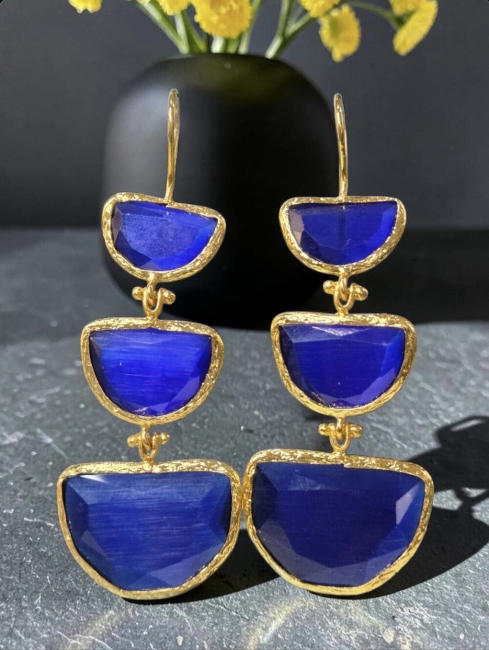 18k Gold Plated Sapphire Cats Eye Crystal Stone Geometric Dangle Earrings